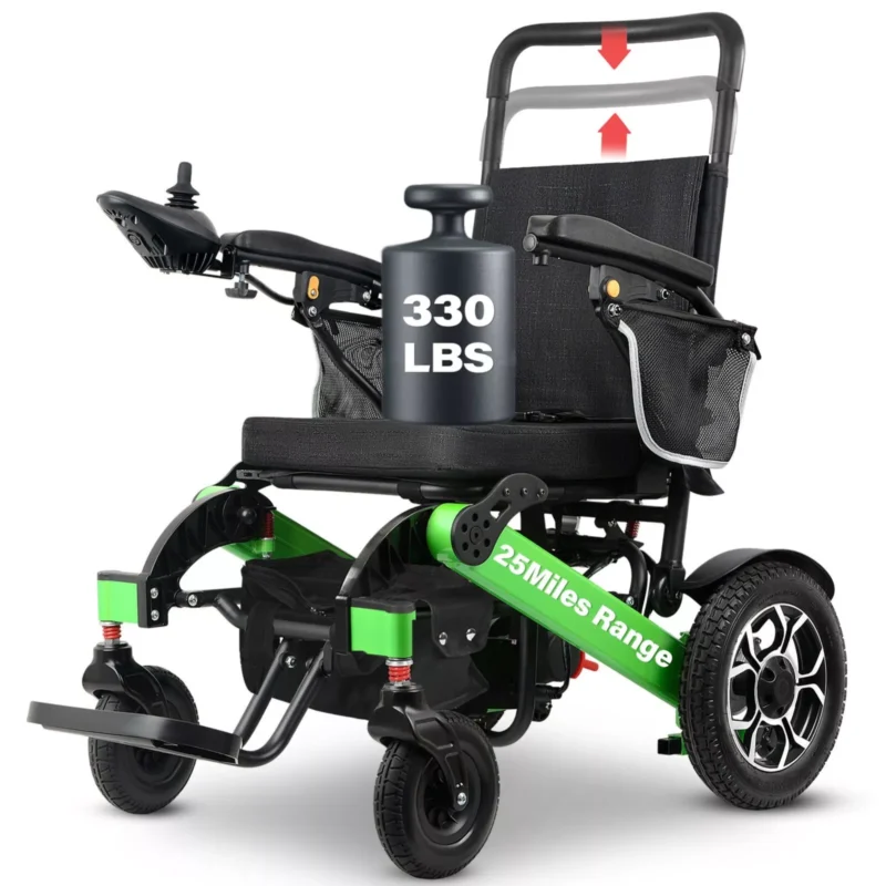 Green All terrain Foldable Electric Wheelchair, Support 330lbs, 25Miles Distance